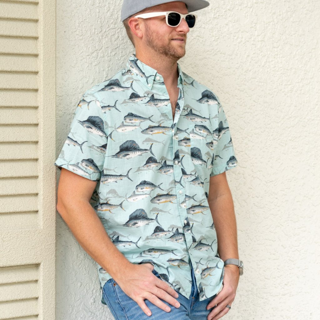 J. Crew Nautical Cotton Fish Marlin Print Classic Fit Button Up Shirt